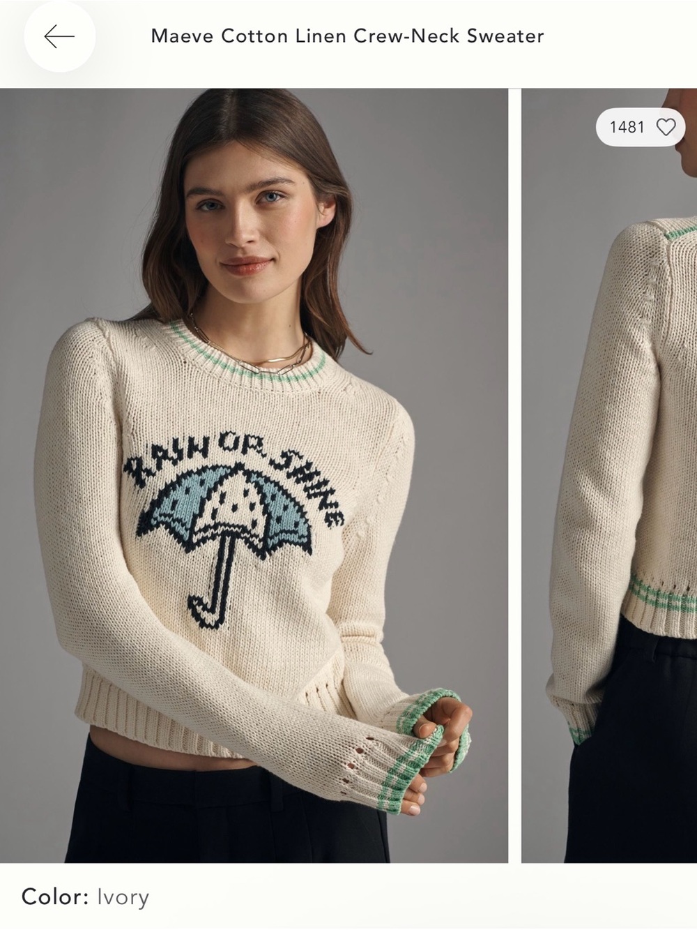 Maeve Ivory Crewneck Sweater with Umbrella Graphic and Mint Trim